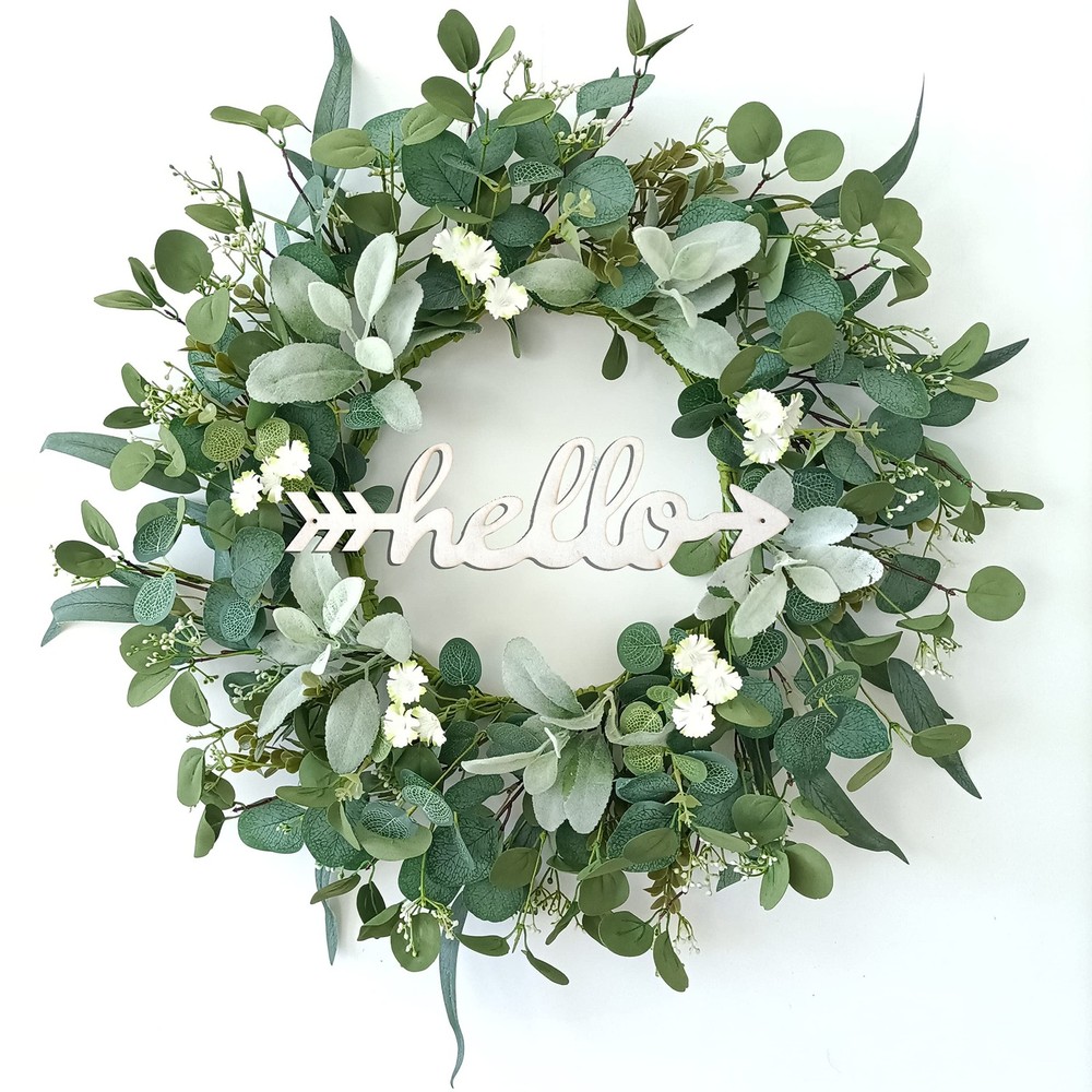 22 Inch Eucalyptus Wreath with Hello Sign for Spring Summer Front Door Decor