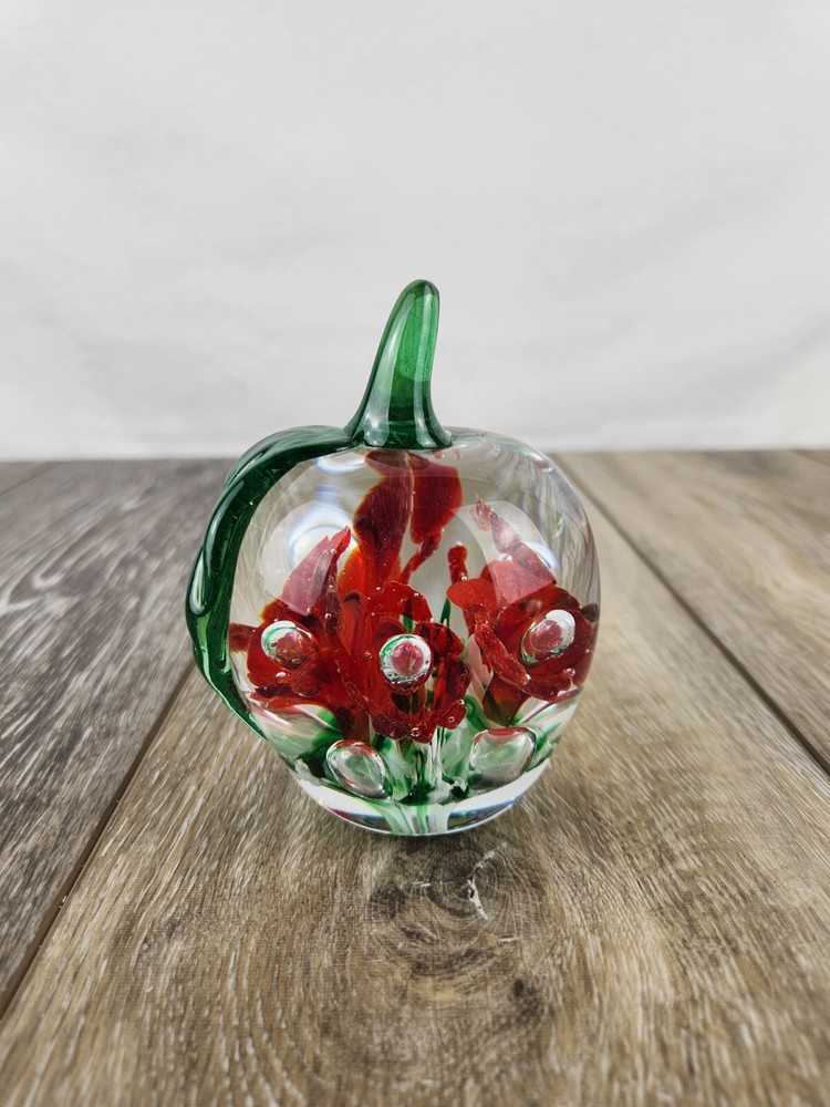 Vintage Gibson Art Glass Apple w/ Red Flowers Paperweight - Controlled Bubbles