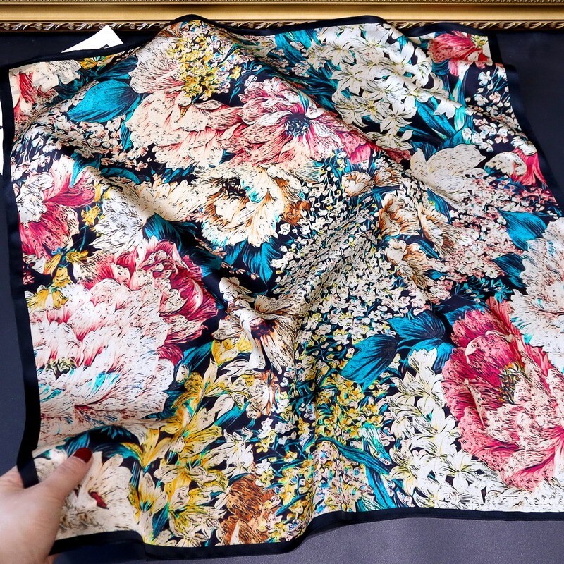 100% Silk 27 Inch Floral Square Scarf for Women Bandana Wrap Colorful Design