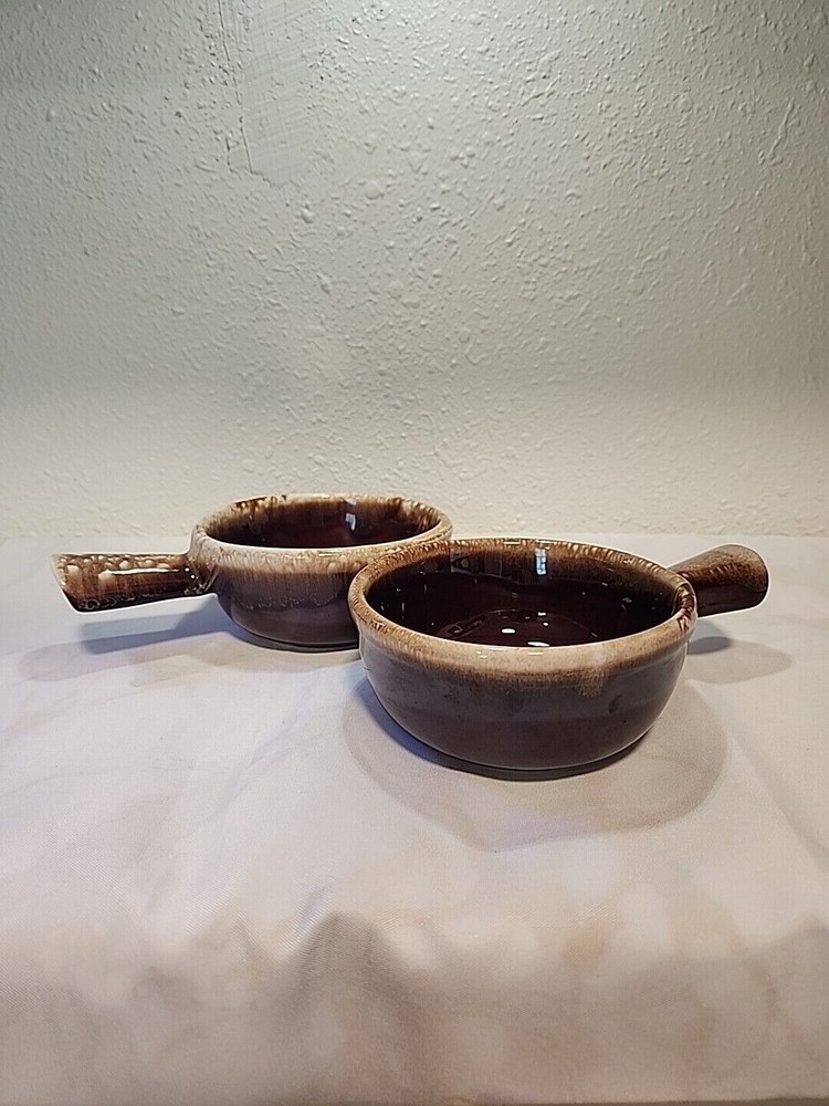 McCoy 7050 Glazed Pottery French Onion Brown Drip Soup Bowl w/Handle SET OF 2