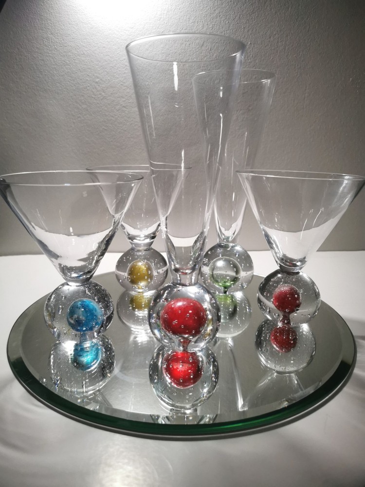 Set Of 5 Colorful Bubble Base Martini Cocktail Glasses 8oz Hand Blown Two Sizes