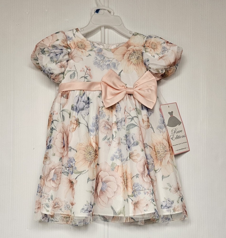 Rare Editions Peach Floral Baby Dress 24M Pink Bow 2pc Set Easter Wedding