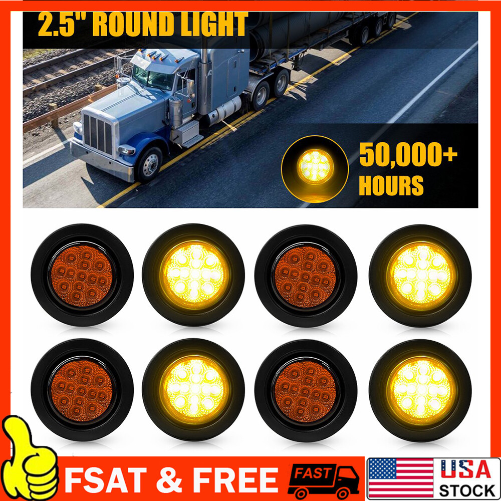 8-Piece 2.5-Inch DOT Certified Round Amber LED Trailer Side Marker Lights with Grommet Mounting for Trucks, Trailers, and Commercial Vehicles – Durable, Weatherproof, and Easy to Install.