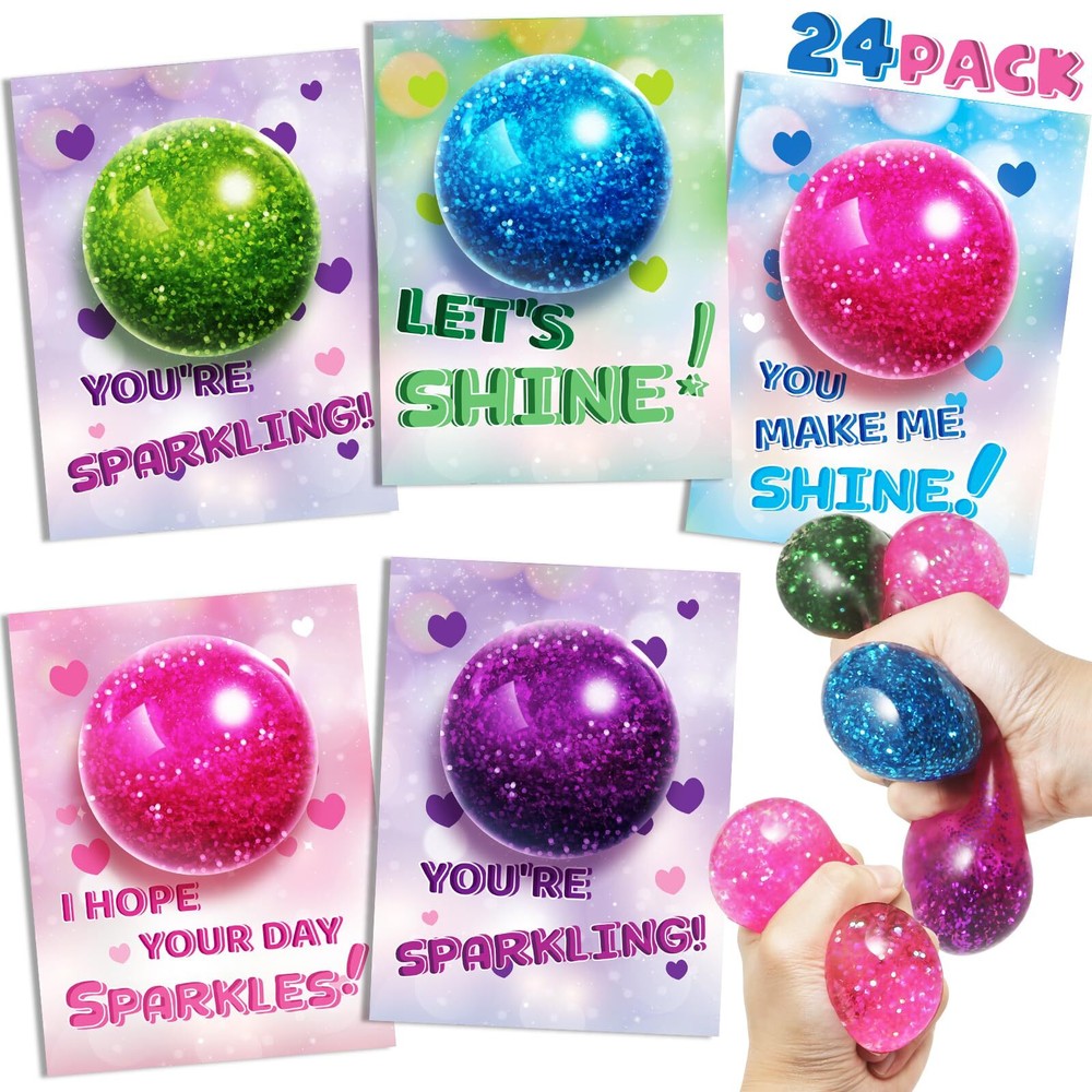 Valentines Day Cards for Kids, 24 Pack Stretchy Ball with Cute Valentine's Ca...