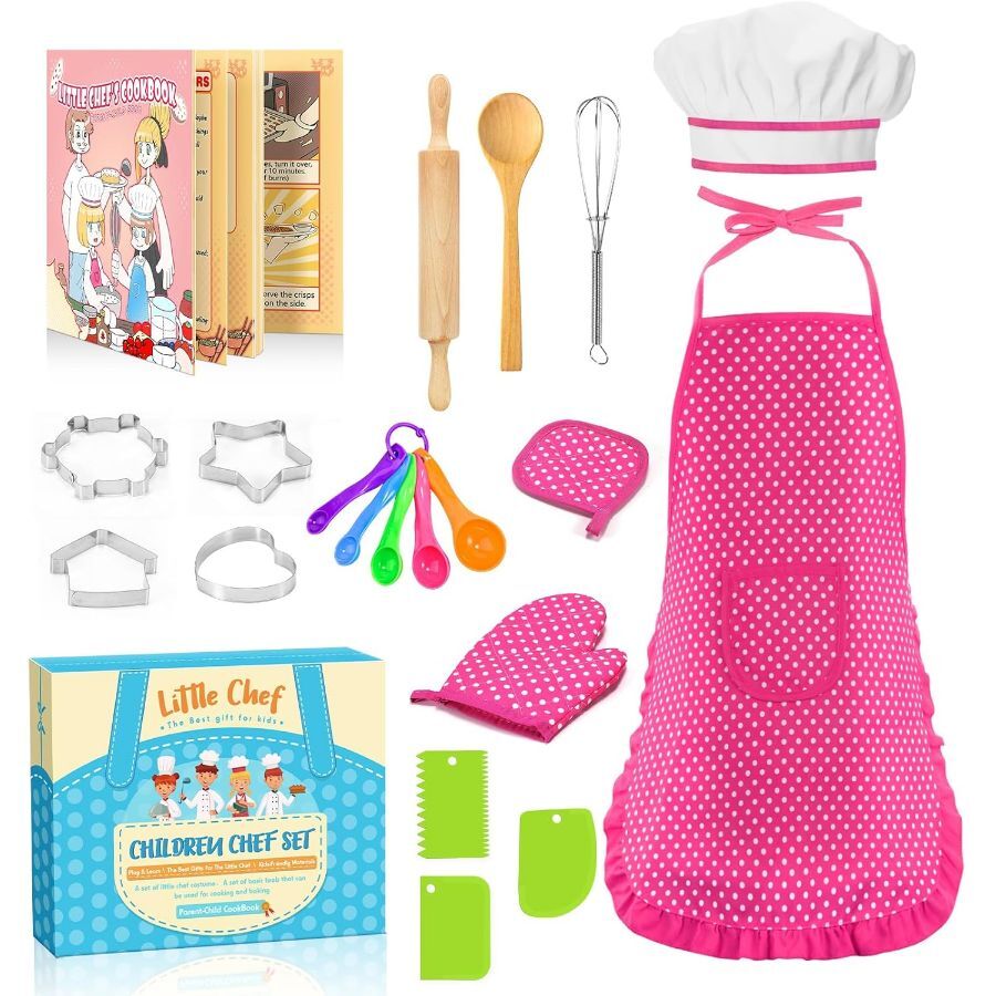 Kids Apron for Girls Kids Cooking Set, Toddler Apron, 20Pcs - with Cookbook