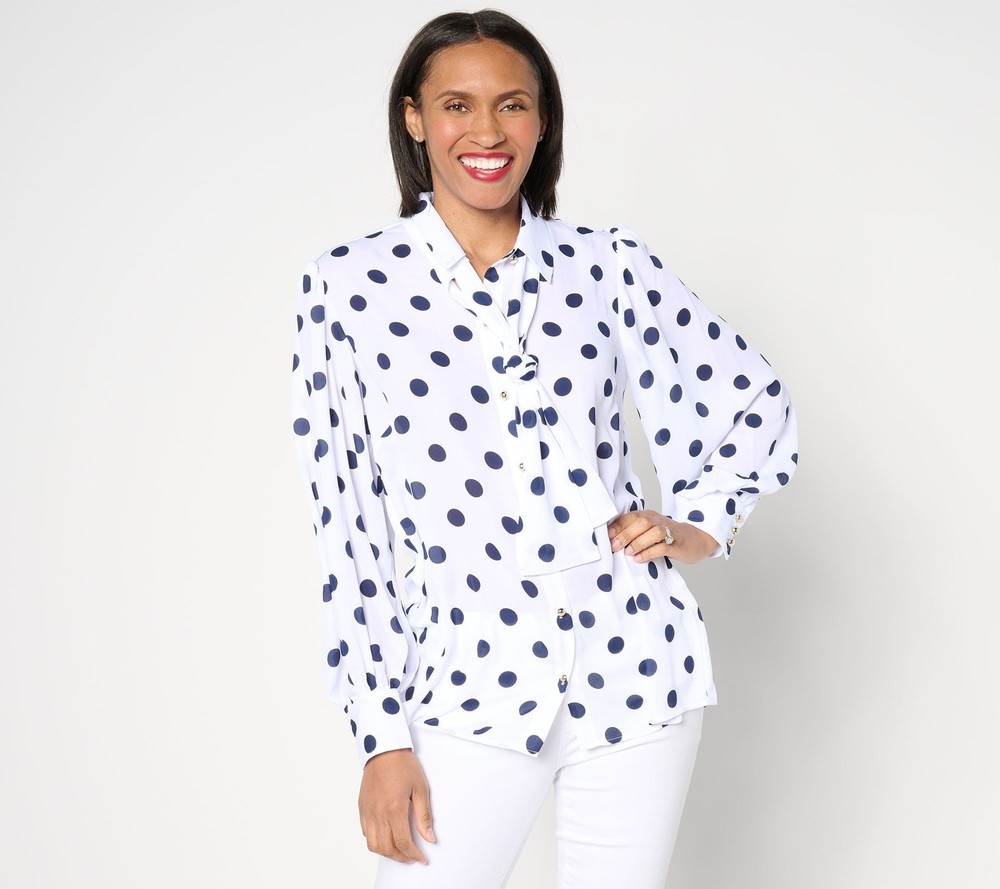Dennis Basso Women's Top Sz L Double Georgette Printed Blouse White A647096