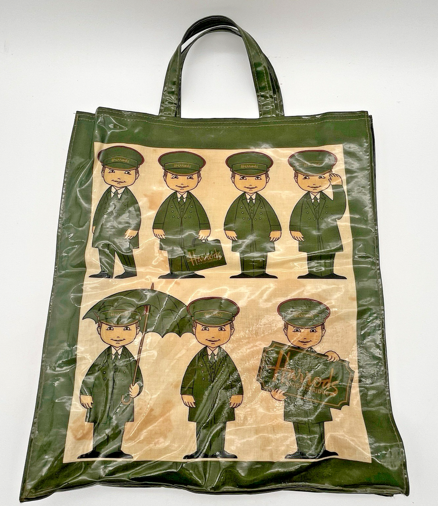 Vintage RARE Harrods Shopping Tote Bag Green Doorman London UK Original Oilcloth