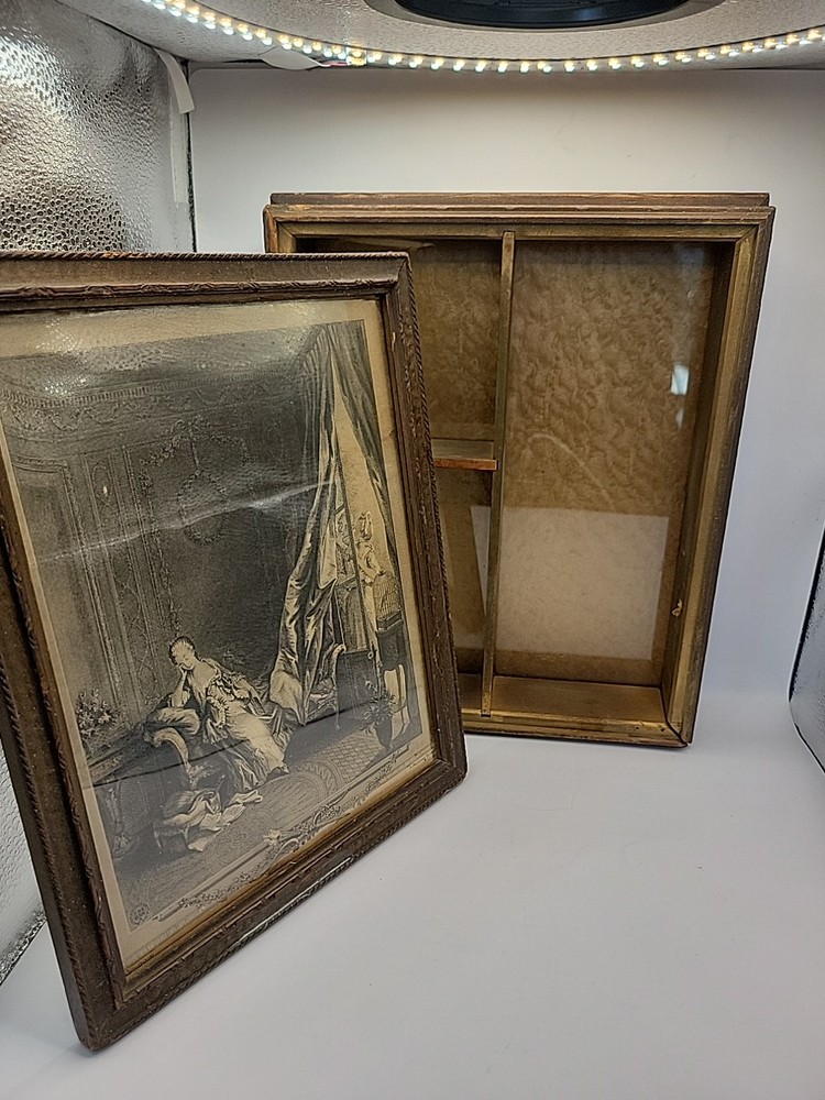 Vintage Jewelry Box Victorian Picture Glass Top Mirror Lid D2