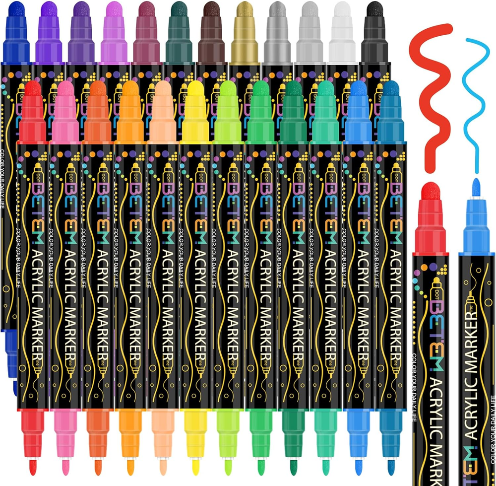 24 Colors Dual Tip Acrylic Paint Pens Markers, Premium Acrylic Paint Pens for Wo