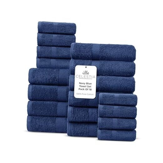 100% Cotton Navy Blue Bath Towel Set - 18-Piece Bundle