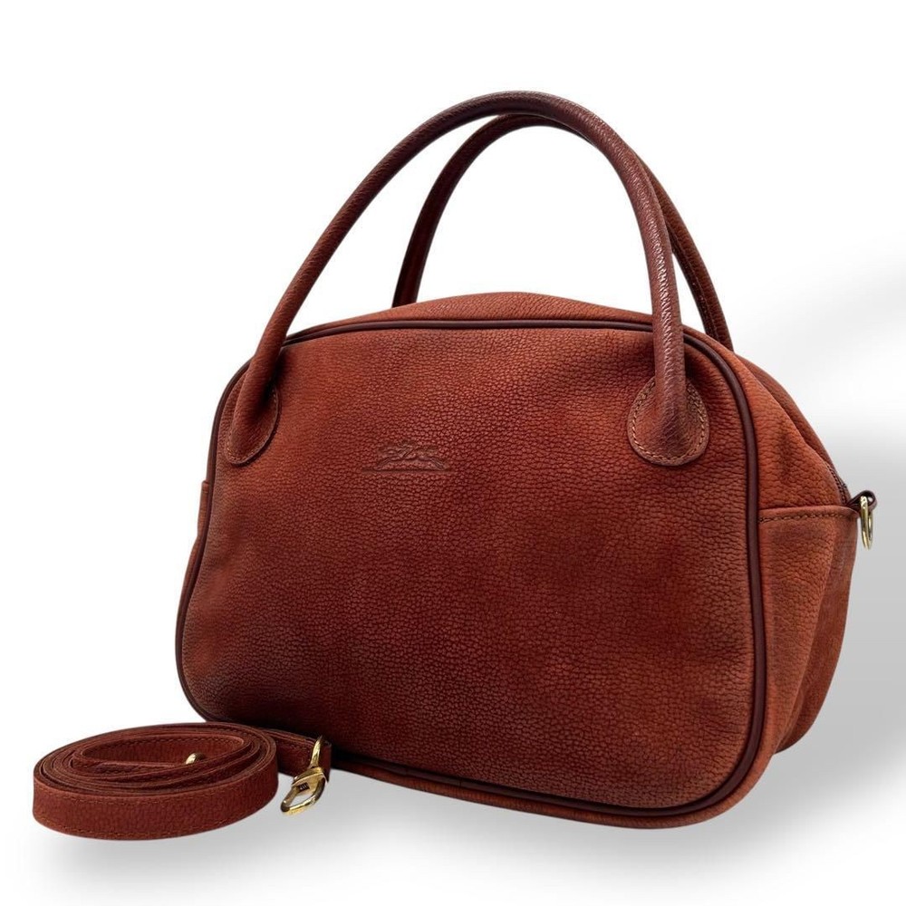Good Condition 1329 Longchamp Mini Boston Bag 2way Nubuck Reddish Brown 05a