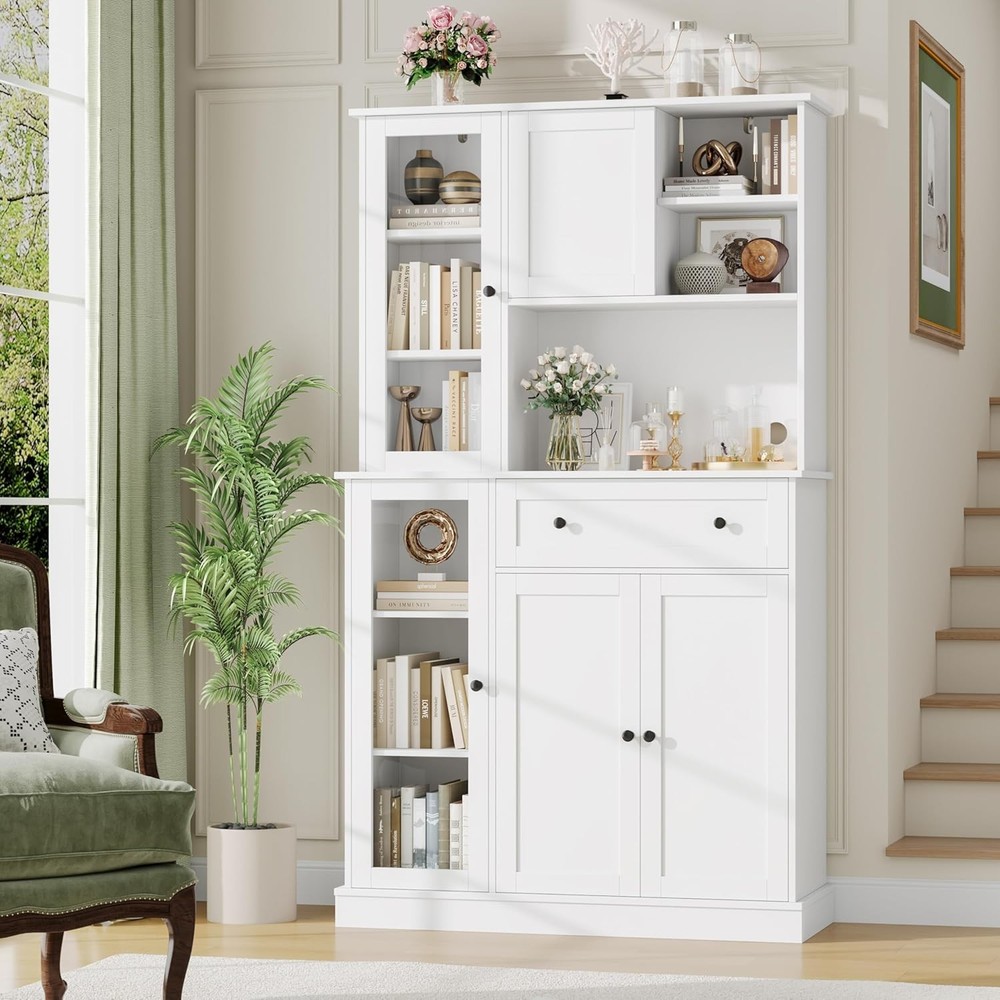 Modern Tall Kitchen Pantry Cabinet with Glass Door & Shelves