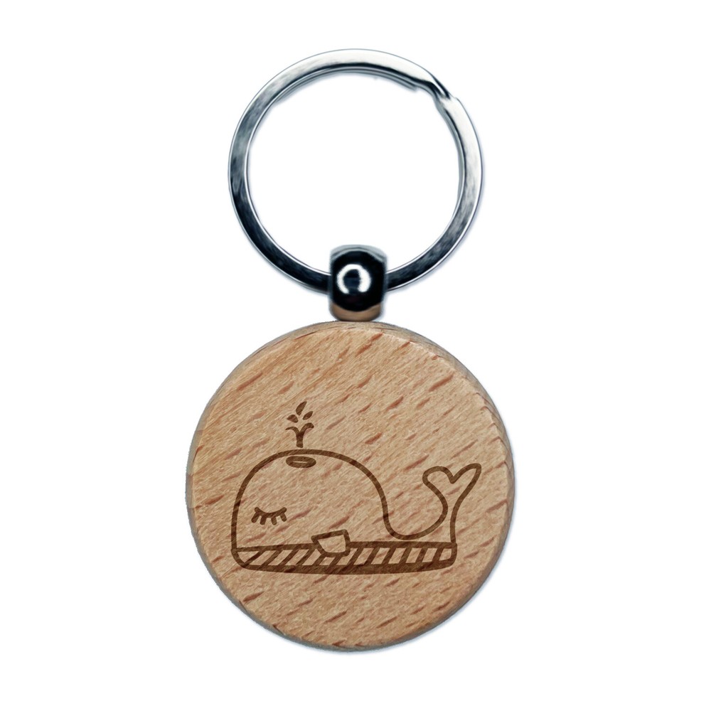 Snoozing Whale Doodle Engraved Wood Round Keychain Tag Charm