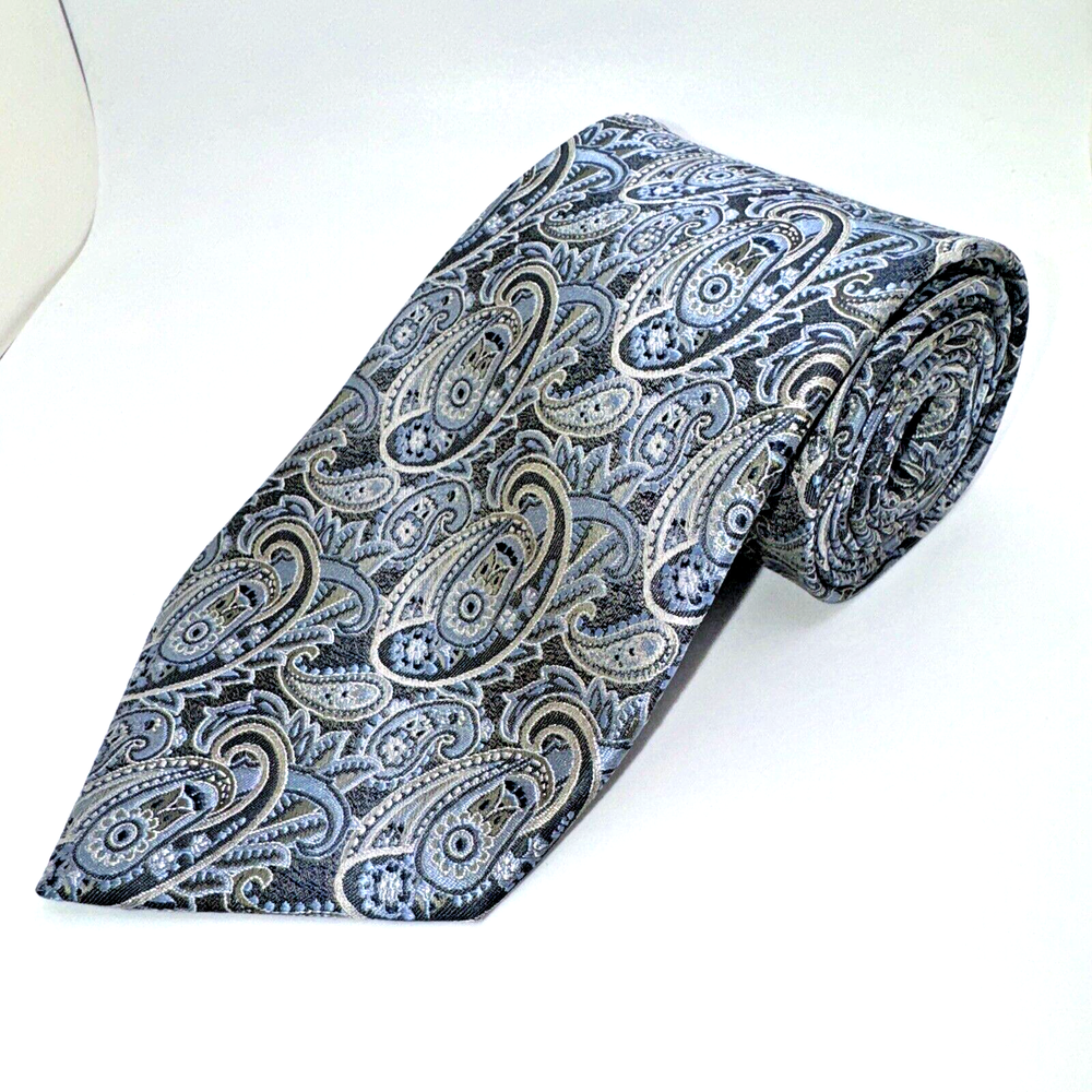 Burma Bibas Mens Neck Tie SIlver Blue Paisley Pattern 100% Silk 3.5