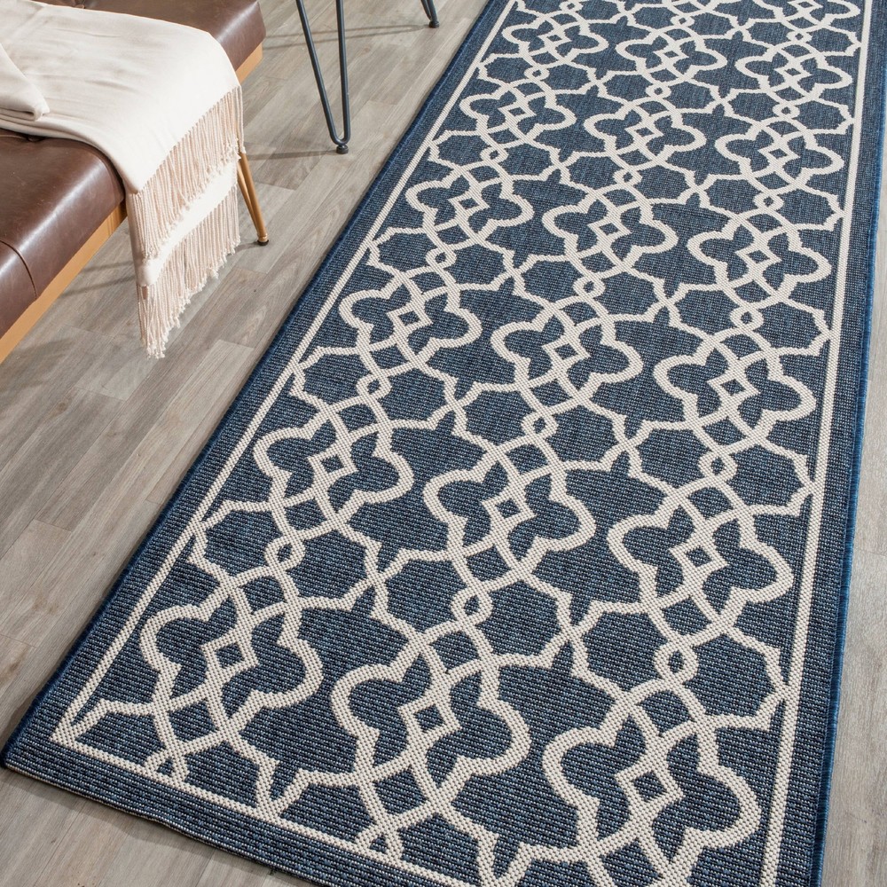 SAFAVIEH Courtyard Carlos Navy Beige 2x7 Indoor Outdoor Runner Rug