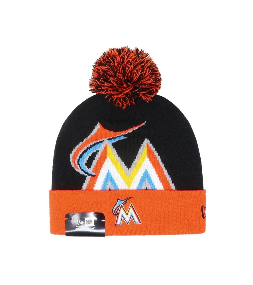 New Era Men Women Beanie Miami Marlins Black Orange Woven Biggie Pom Knit Hat