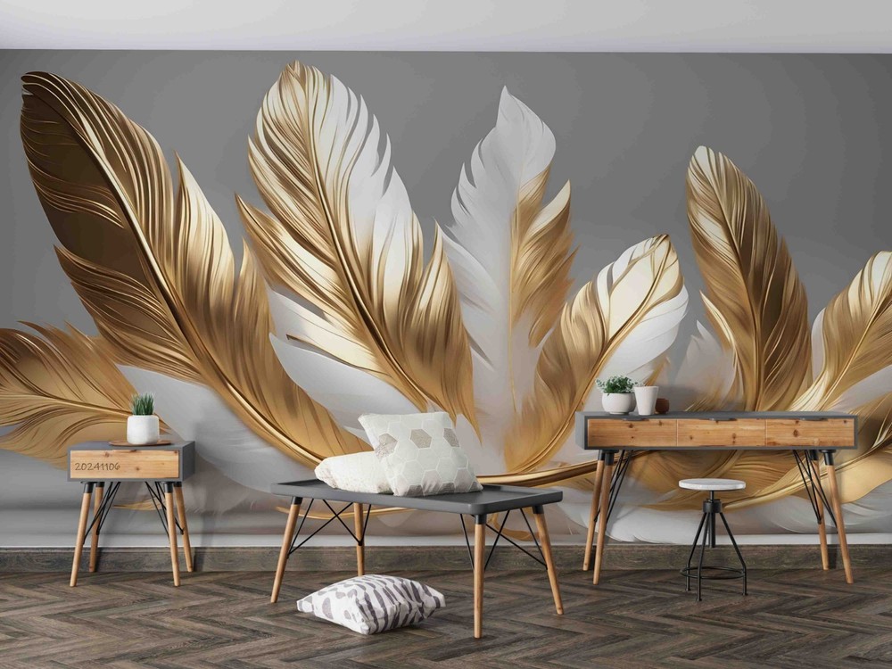 3D Gold Feathers Decoration Wall Murals Wallpaper Murals Wall Sticker 2