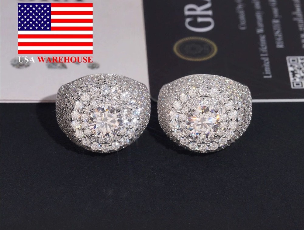 USA Local Shipping Iced Out Cluster Lab Moissanite Hip Hop Ring 925 Sterling Sil