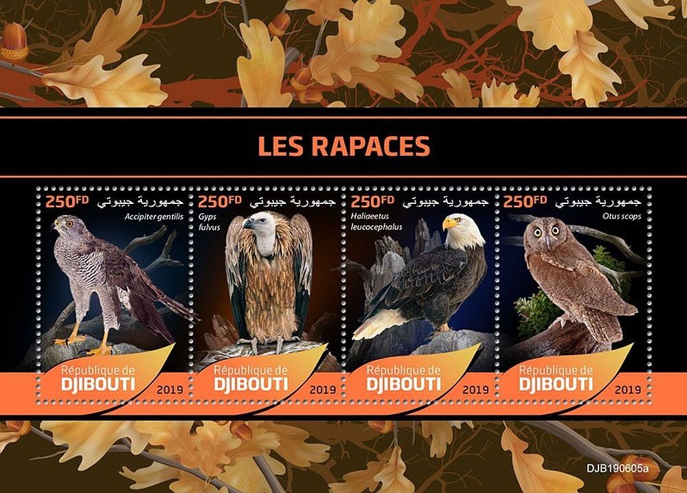 BIRDS OF PREY 4-Value MNH Bird Stamp Sheet #173 (2019 Djibouti)