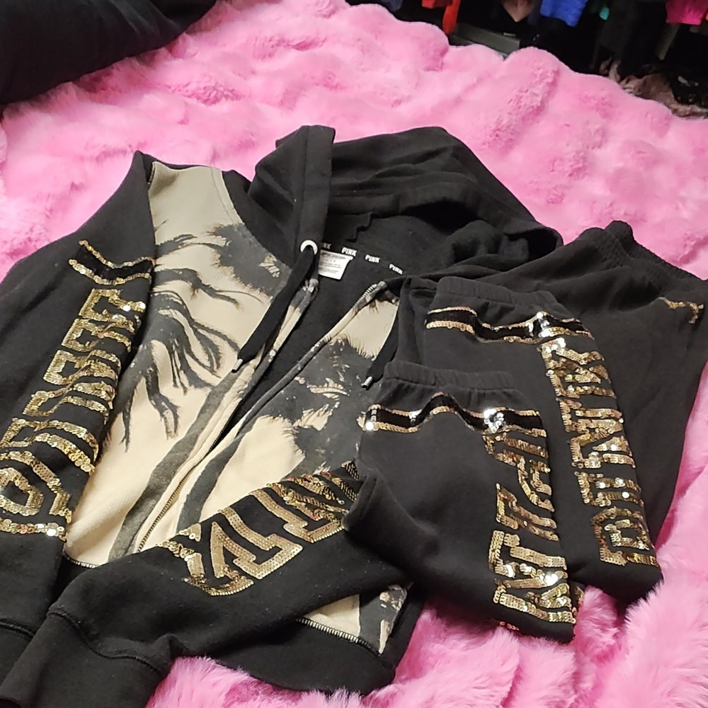 PINK Victoria's Secret Women's Black Gold Sequin Zip Hoodie & Sweatpants Set S