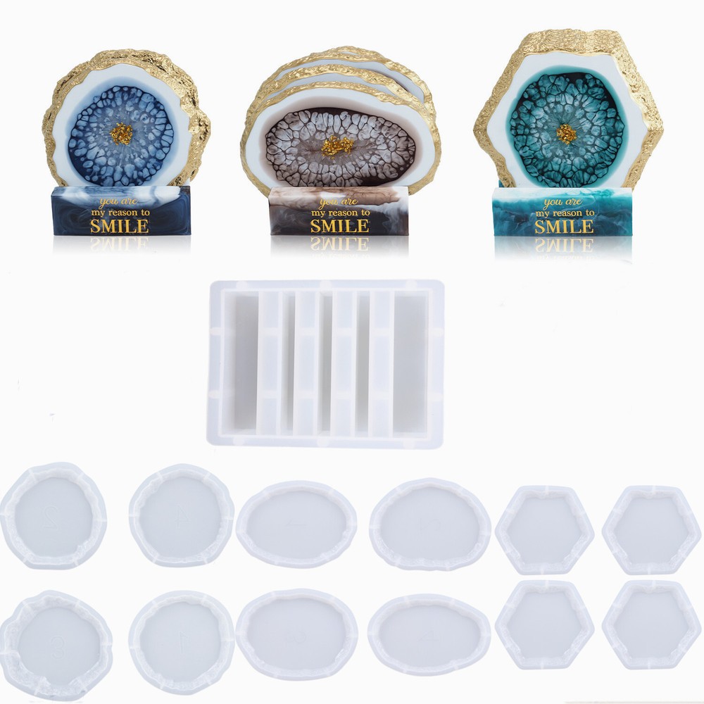 13pcs Irregular Silicone Coaster Mold Set with Stand for Epoxy Resin