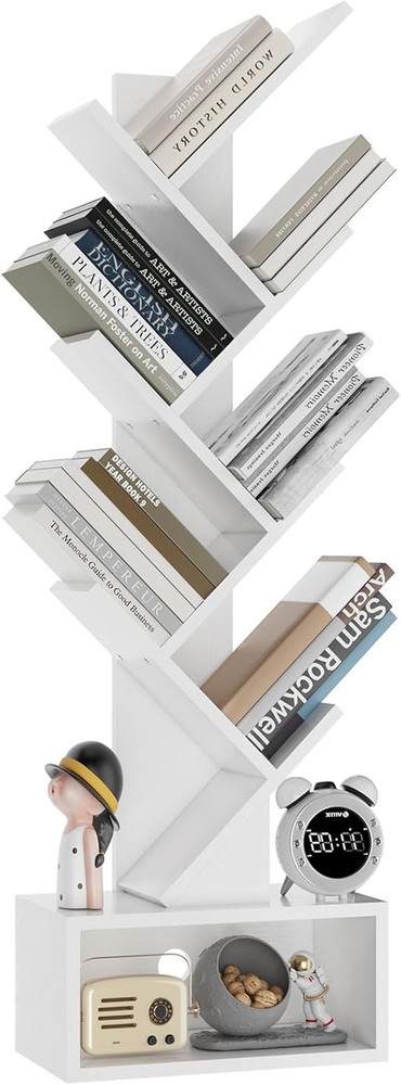 6 Tier Tree Bookshelf Tall Bookcase Wood Book Storage Rack W/ Drawer Modern