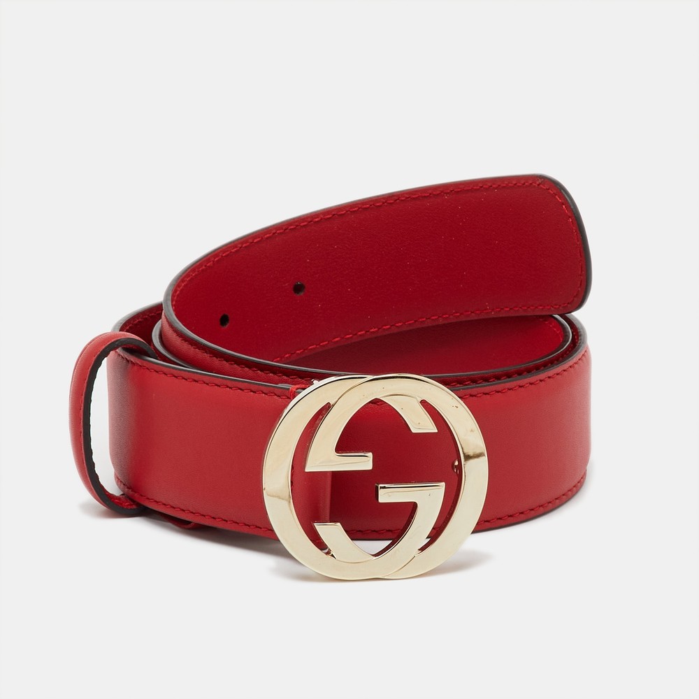 Gucci Red Leather G Buckle Belt 80CM Interlocking Logo