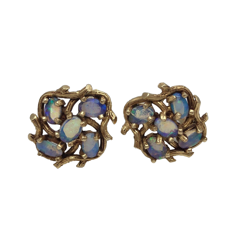 14K Gold Opal Multi-Stone Cluster Brutalist Clip-On Vintage Earrings