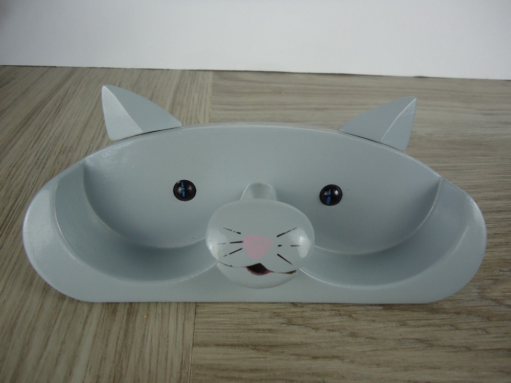 Wooden Kitty Cat Face Eye Glass Holder Vanity Desk Decoration Gray Cat Pink Nose