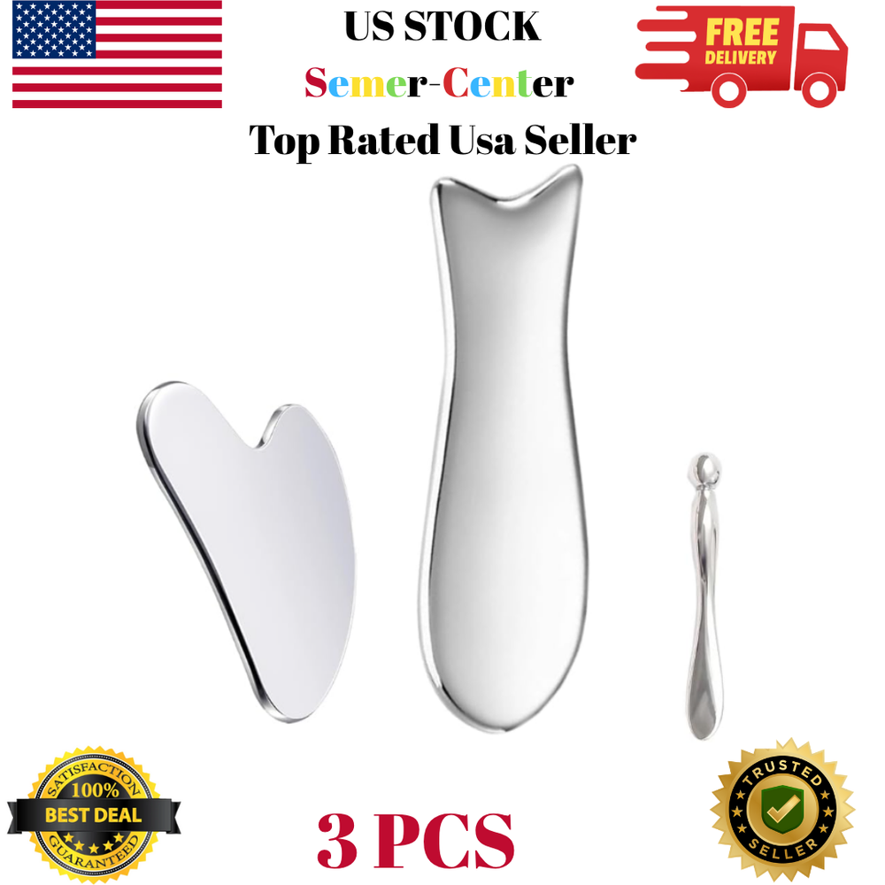 Stainless Steel Gua Sha Facial Tools 3 in 1 with Pouch,Facial 3 1, Silver