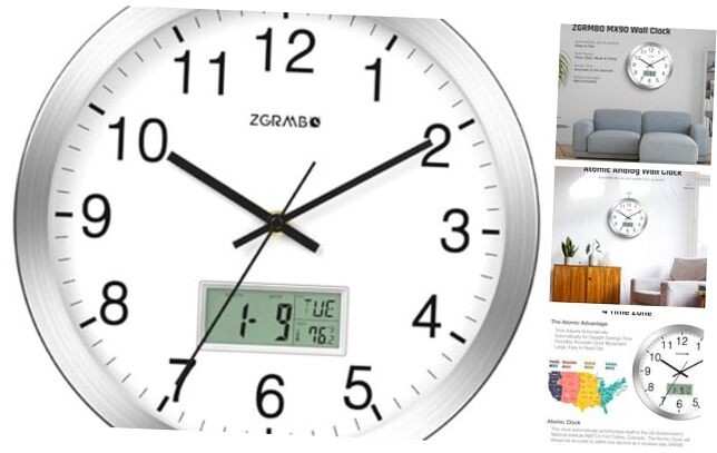 12 Inch Atomic Analog Wall Clock with Digital Date Week and Indoor Temperature Display - Battery Powered