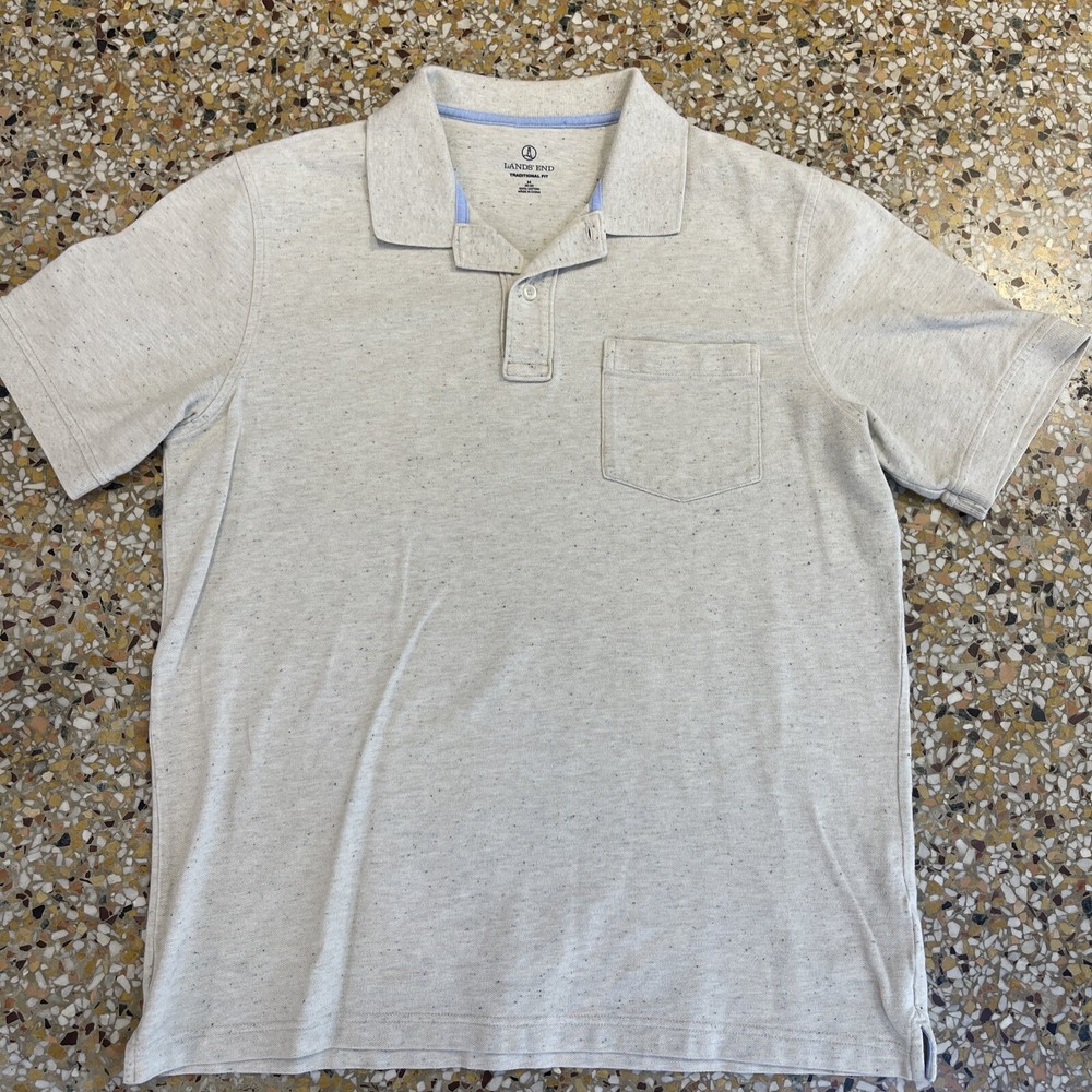 Lands End Polo Shirt Medium W/Blue Green Specks Traditional Fit Casual GolfMens