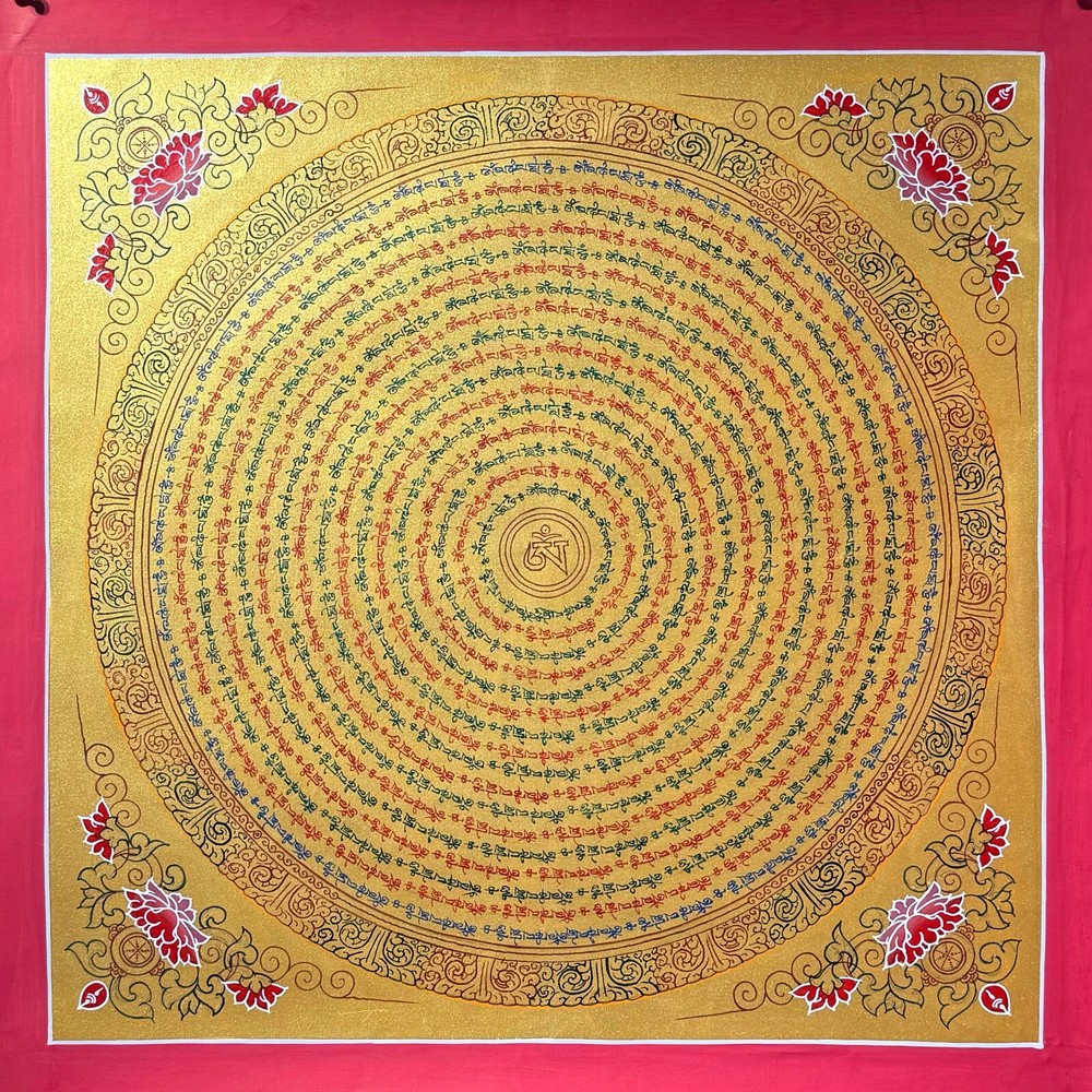 Full Gold Om Mantra Mandala Thangka Painting on Cotton Canvas