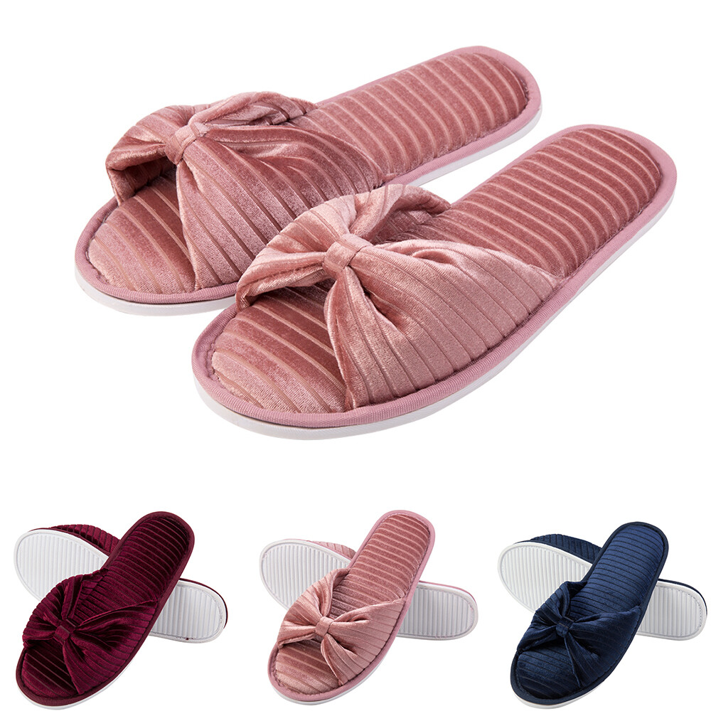 Aerusi Women Bow Open Toe Slide Memory Foam Velvet Slippers Non-Slip House Shoes