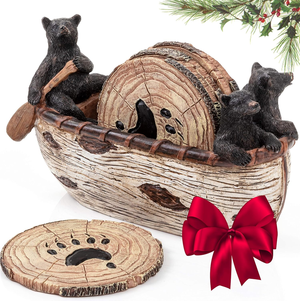 Set of 6 Full Size Rustic Coasters in Handmade Canoe with Adorable Black Bear Fi