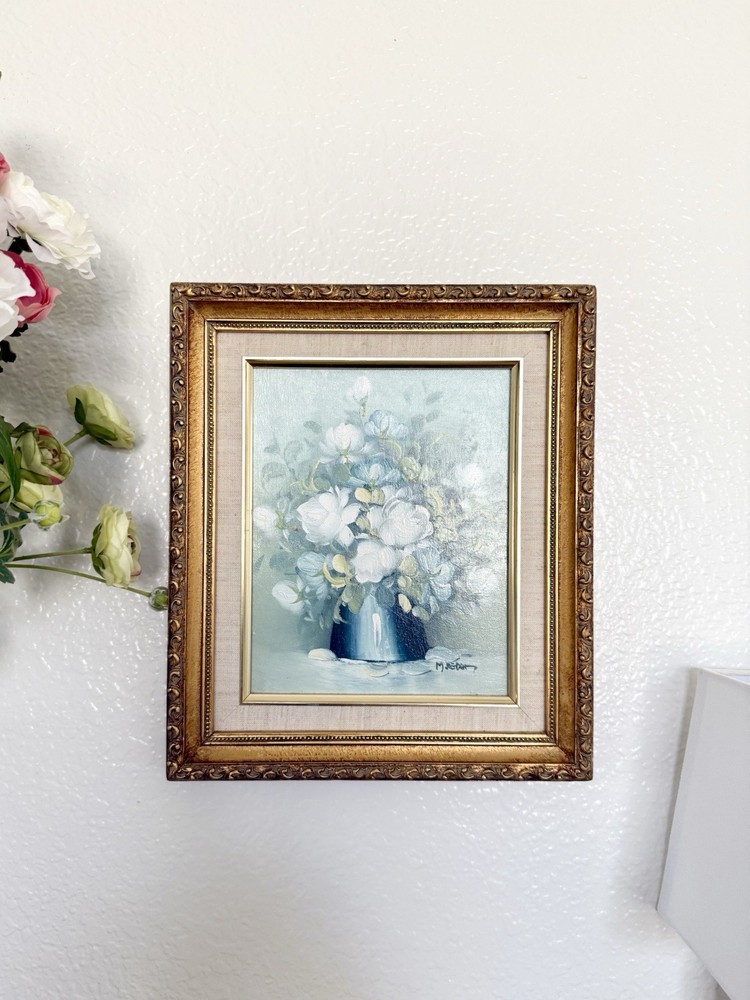 Original Vintage Oil Painting Signed M.Redon Ornate Gold Frame Floral Still life