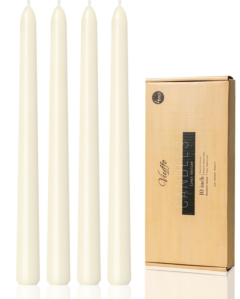 Ivory 10 Inch Taper Candles Set of 4 Unscented Dripless Smokeless 8-Hour Burn