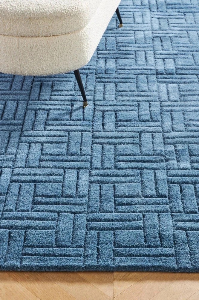 Hand-Tufted Wool Rug 8x10 Blue Geometric Handmade Area Rug for Living Room 9x12