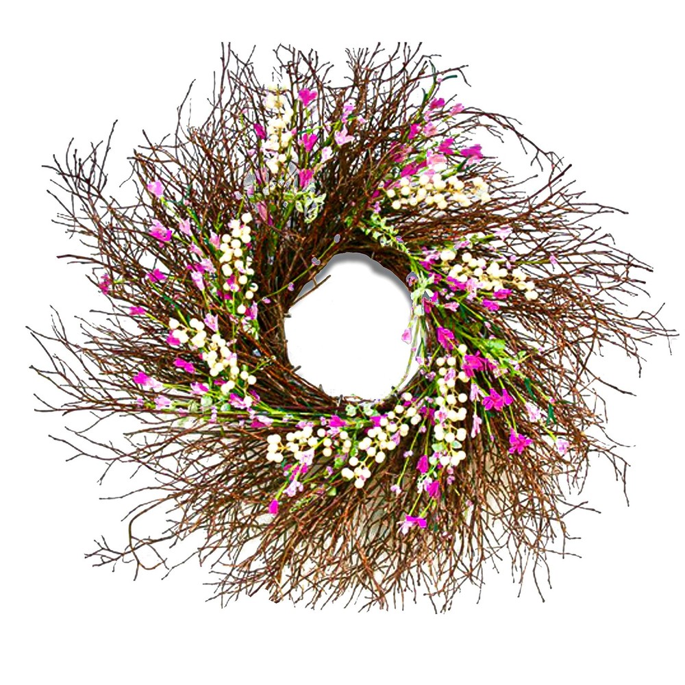 24-Inch Artificial Spring Wreath with Dark Pink & Cream Forsythias and Swirl Design