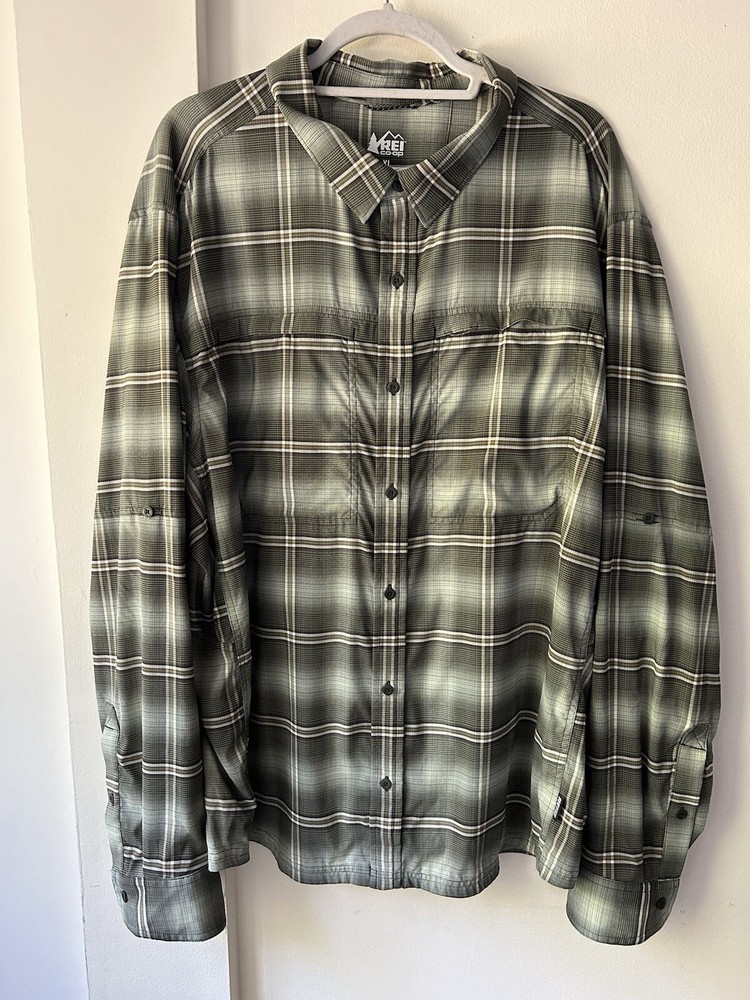 Рубашка кооперативная мужская REI XL зеленая клетчатая SAHARA с длинным рукавом на пуговицах вентилируемая