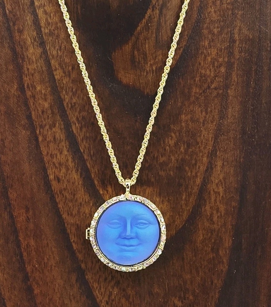 Kirks Folly Love Never Dies Glass Seaview Moon Locket Necklace Gold tone Blue AB