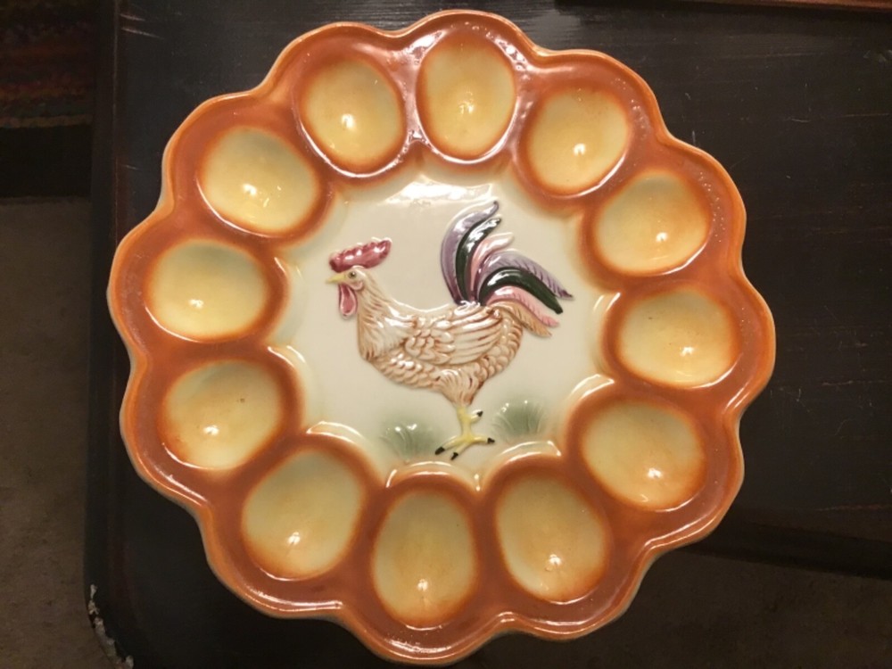 Vintage Round Rooster Deviled Egg Ceramic Plate Platter