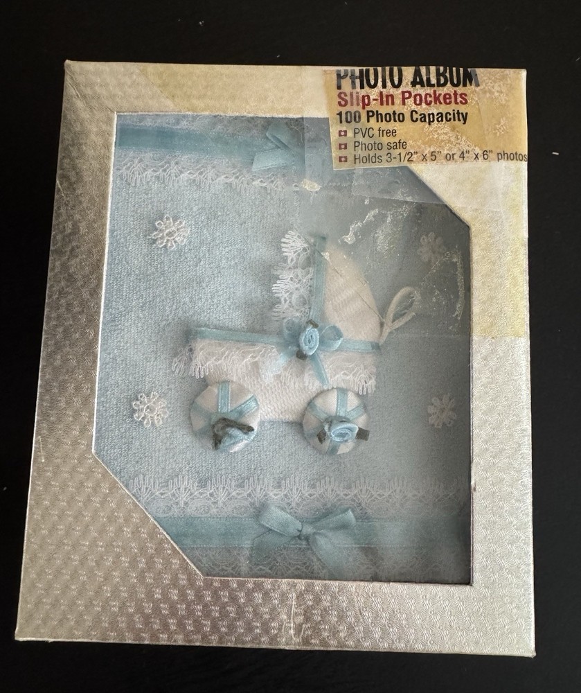 Baby Boy Blue Photo Album 100 Photos – New in Box – Lace Ribbon Vintage Style