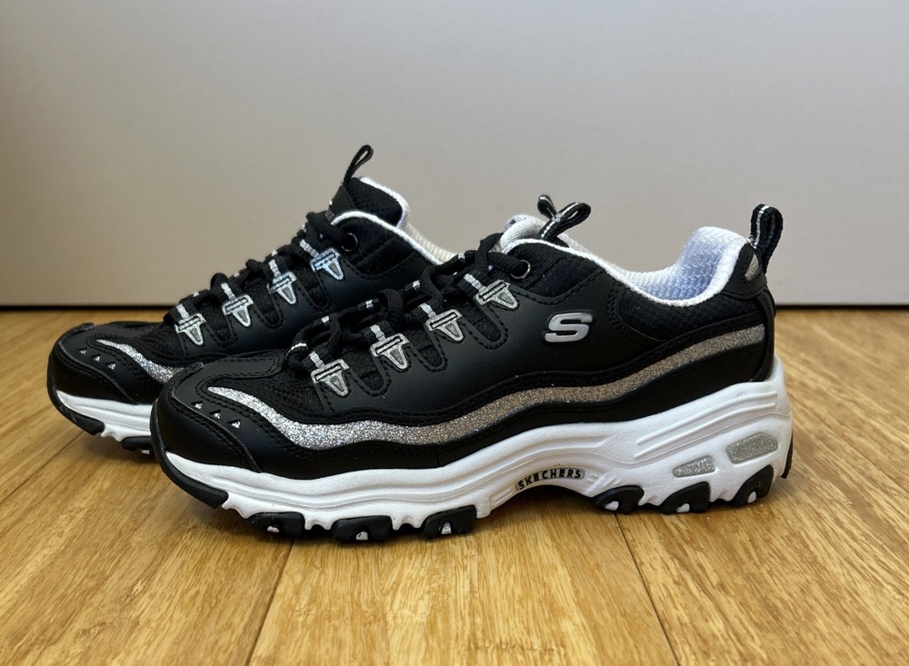 Women’s Skechers D lites-Now & Then Running Shoes Black/White/Silver 11923-BKSL