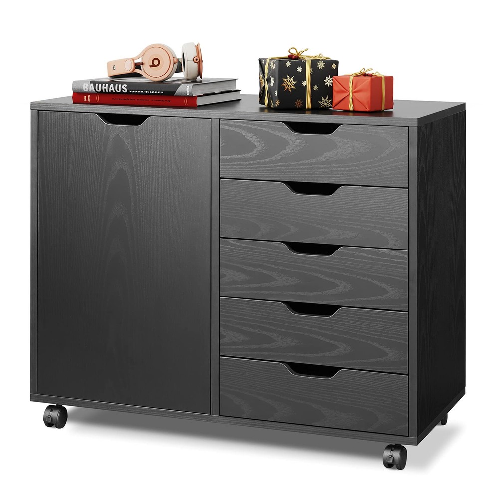 5-Drawer Wood Dresser with Door Mobile Storage Cabinet Printer Stand  