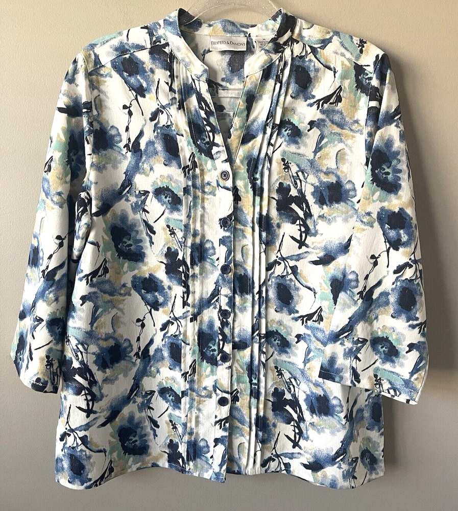 DRAPER'S & DAMON'S Women Med Pintuck 3/4 Sleeve Shirt Blouse Watercolor Floral