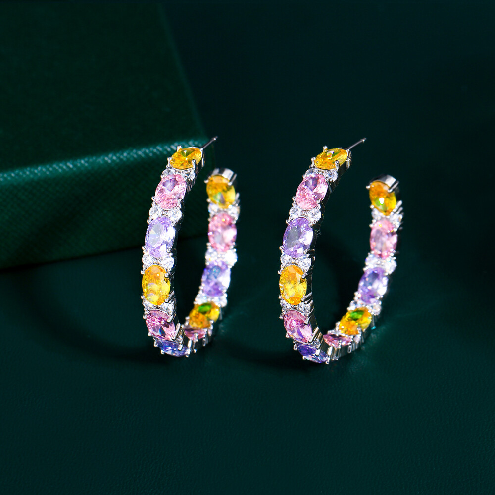 Colorful Cubic Zirconia Oval Tennis Hoop Earrings for Women Party Wear