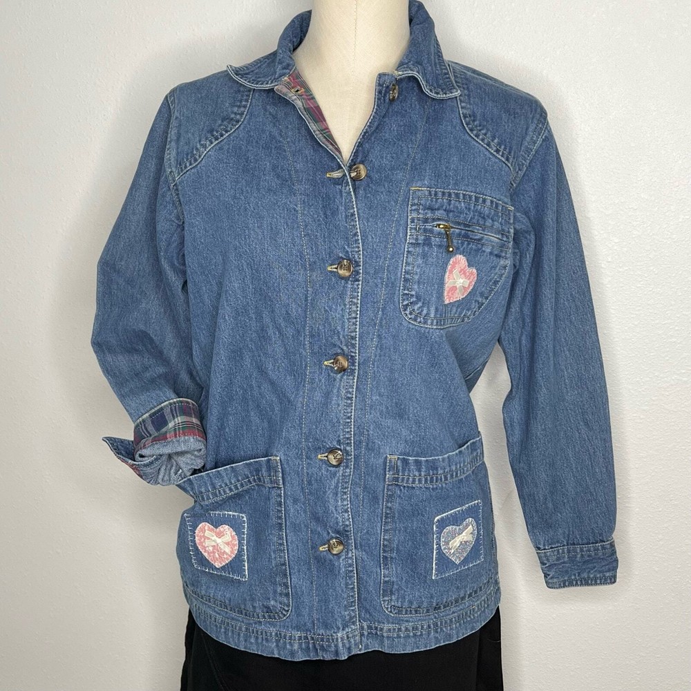 Vintage 90s Denim Jean Denim Jacket Hearts Oversized Size Small Petite