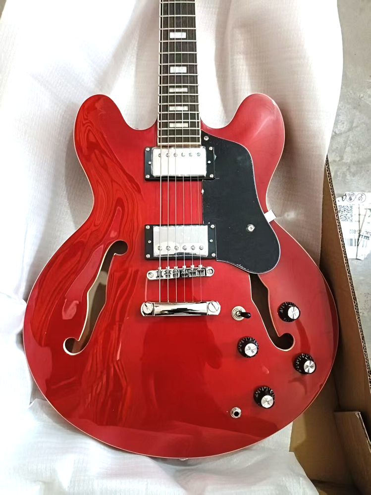 Red Semi Hollow 335 Electric Guitar with Small Square Pattern and Scalloped Inlays