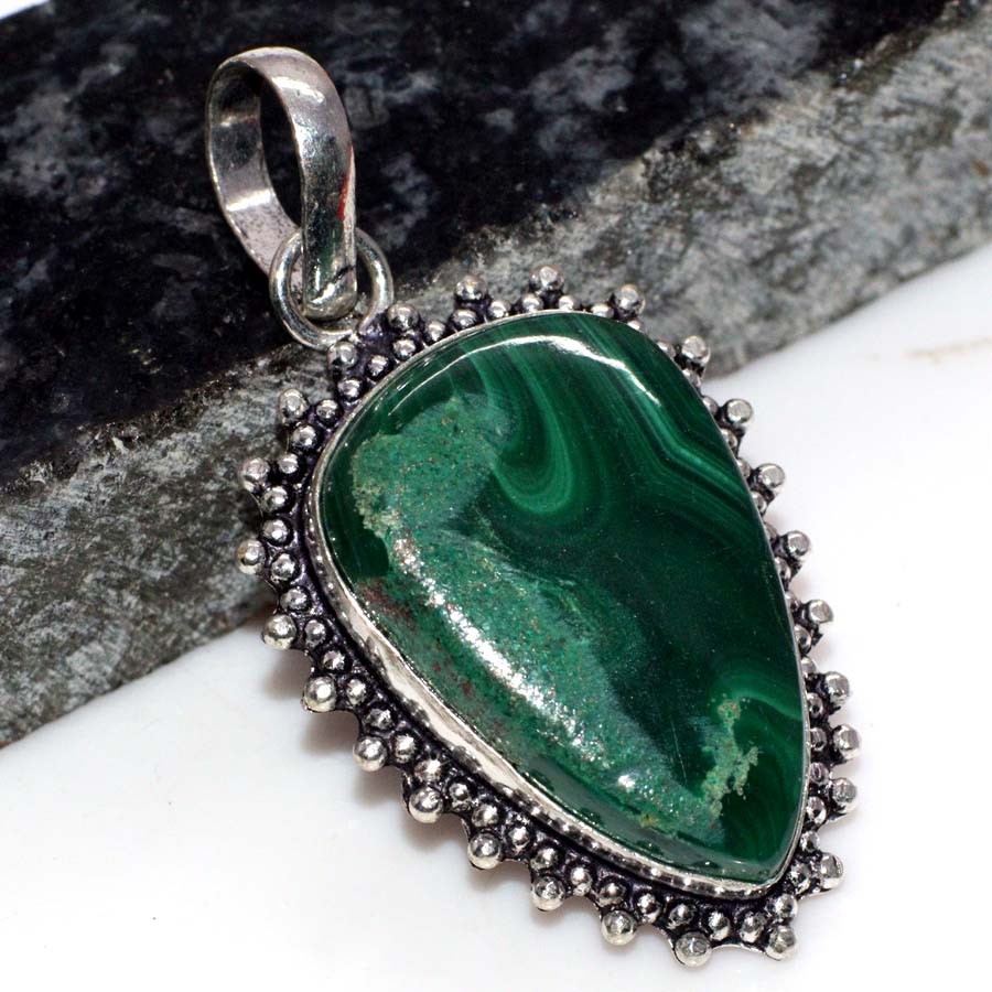 925 Silver Plated Handmade Malachite Pendant Gemstone Jewelry 1.8 Inches JW